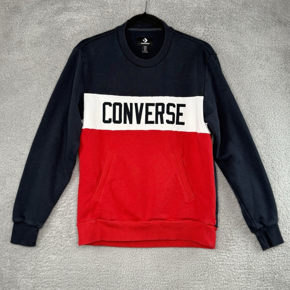 Converse Colorblock Logo Spellout Crewneck Sweatshirt XS Red White Blue Fleece